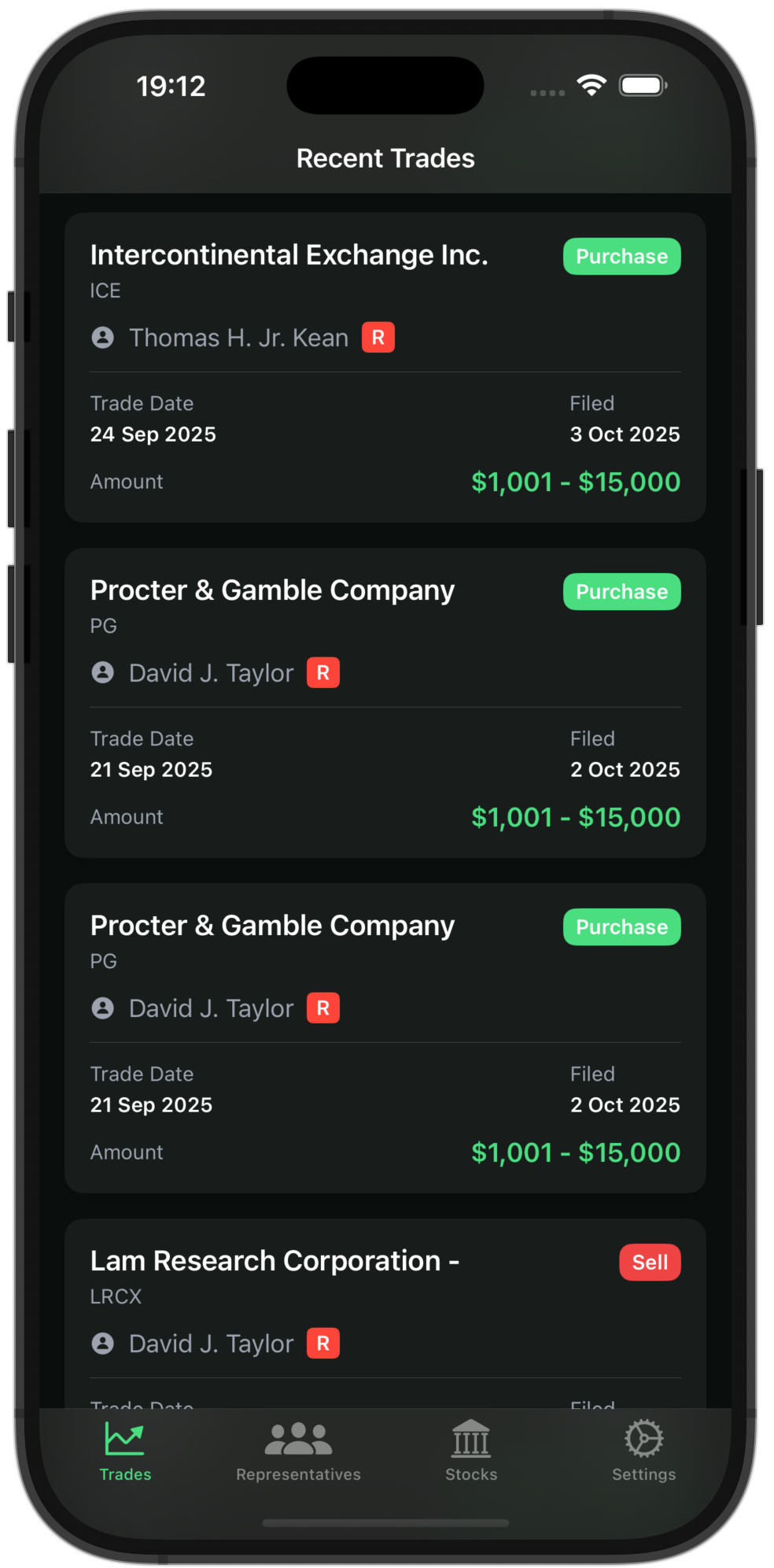 CongressTrades Main Screen